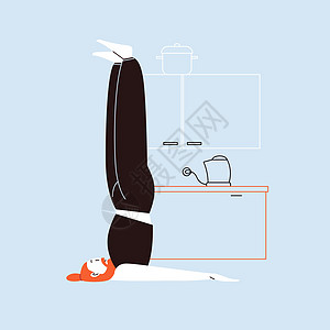 做瑜伽的人在背景上用内室内做实身的简单和直线性格插图男人姿势活动男生卧室公寓运动装植物平衡厨房图片