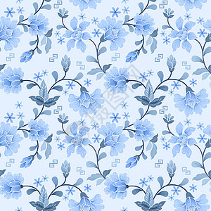 白色和蓝色的花设计无缝模式包装织物植物绘画水彩艺术纺织品打印墙纸花瓣图片