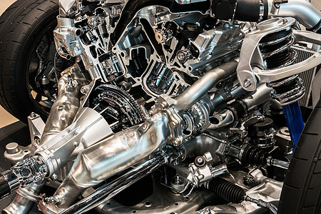 汽车发动机和输电的切断截视图涡轮机器人工厂活力引擎机械力量工程技术焊接图片
