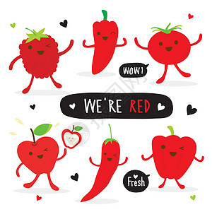 一套蔬菜卡通人物胡椒红辣椒番茄苹果草莓矢量图片