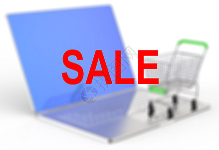 一辆购物车坐在一台笔记本电脑上代表网上购物市场大车键盘互联网顾客商业图片