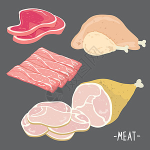 肉类食品猪肉牛肉培根鸡肉新鲜原料切片卡通 Vecto营养美食食物餐厅厨房奶牛烹饪肋骨公鸡熏肉图片