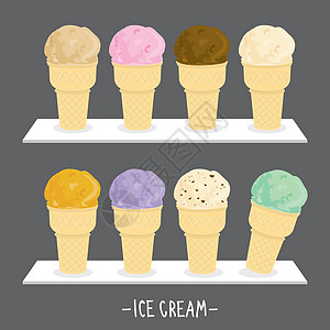 一套冰淇淋华夫饼锥勺甜味菜单卡通 vecto图片