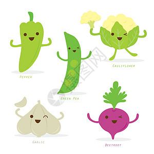 蔬菜卡通可爱辣椒绿豆豌豆花椰菜甜菜根大蒜 Vecto图片