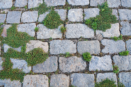 长满绿草的灰色铺路板地面墙纸小路材料裂缝石头水泥花园路面建筑学图片