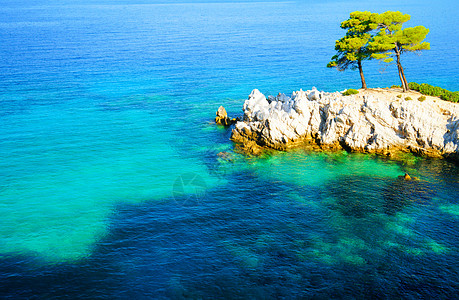 希腊Skopelos的松绿水 松树和岩石海岸线假期悬崖蓝色旅游水晶电影阳光旅行风景墙纸图片