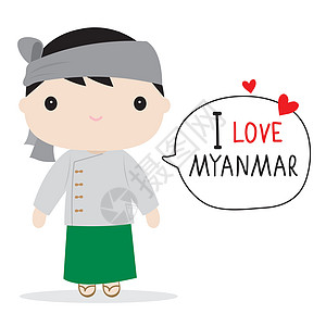 缅甸人民在民族服饰和传统服装卡通 Vecto衬衫男生腰布孩子们织物卡通片女士帽子男性裙子图片