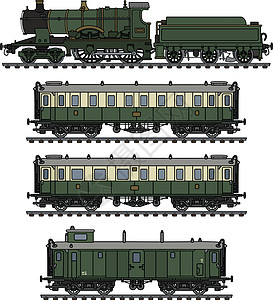 复古绿色蒸汽火车车皮黑色教练卡通片铁路灰色乘客褐色运输引擎图片