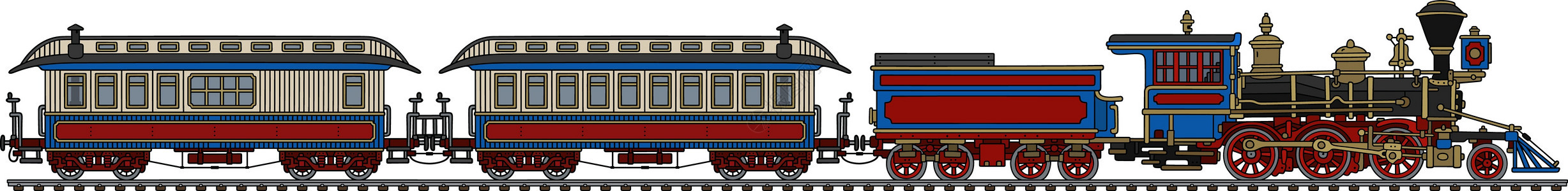 老式美国蒸汽火车蓝色引擎机器插图运输铁路车辆乘客红色荒野图片
