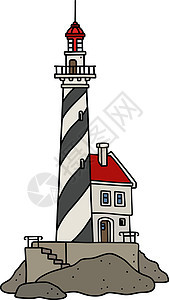 古老的黑白石灯塔悬崖灯笼插图石头海洋安全房子海岸运输好奇心图片