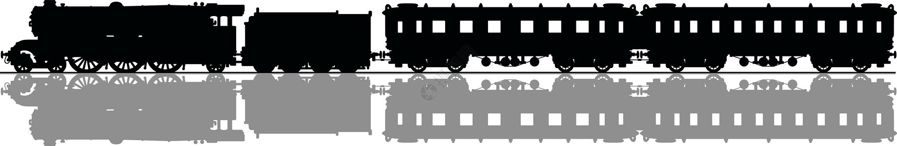 老式客运蒸汽火车引擎教练插图黑色机器卡通片车皮车辆乘客阴影图片
