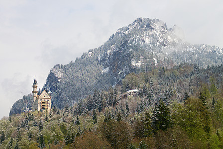 山地城堡 岩石和森林覆盖的新雪图片