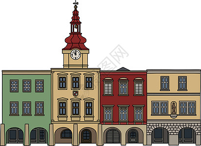 四个历史悠久的汉堡屋广场城市黄色拱廊正方形公地法庭街道红色白色图片