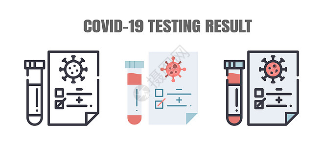 Covid-19 患者的检测结果为阴性或阳性 冠状病毒病 2019 感染治疗 线图标集 可编辑笔划图片