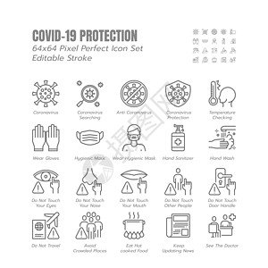 一组简单的 Covid-19 保护线轮廓图标 诸如保护措施冠状病毒预防卫生保健解决方案意识等图标 64x64 像素完美 可编辑笔图片
