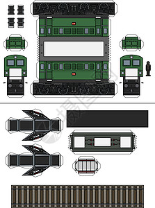 一辆经典绿色电力机车的纸模型棕色碎石发动机力量蒸汽玩具院子轨枕运输拖拉机图片