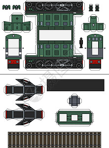 一辆经典绿色电力机车的纸模型黑色车辆运输机器轨枕蒸汽碎石发动机拖拉机胶水图片