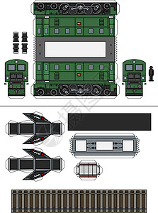 一辆经典绿色电力机车的纸模型碎石玩具拖拉机铁路机器车辆力量卡通片电弓轨枕图片