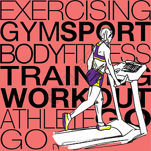 运动女子在体育课步行跑步机上的插图绘画运动员成人身体运动装草图健身房训练女孩女性图片