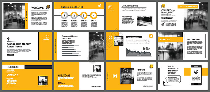 演示文稿和幻灯片布局模板 设计黄色和橙色商业杂志嘲笑信息报告文档小册子传单用户广告图片