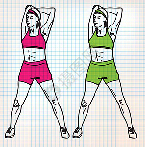 伸展运动草图它制作图案护理运动员女士手绘工作簿闲暇绘画插图正方形涂鸦图片