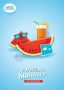 你好夏天卡片横幅用西瓜和橙汁 pape插图橙子时间派对旅游销售邀请函假期乐趣热带图片