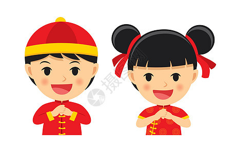 快乐的中国新年男孩和女孩在传统的衣服 cele问候语幸福女士庆典金子文化动物孩子横幅卡片图片