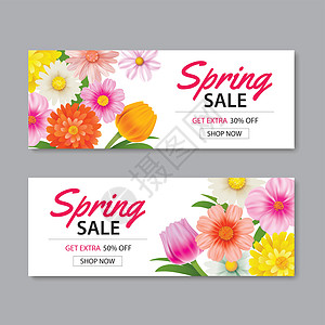 春季销售横幅模板与五颜六色的花 可以使用你墙纸卡片植物群礼物季节折扣插图优惠券小册子花圈图片
