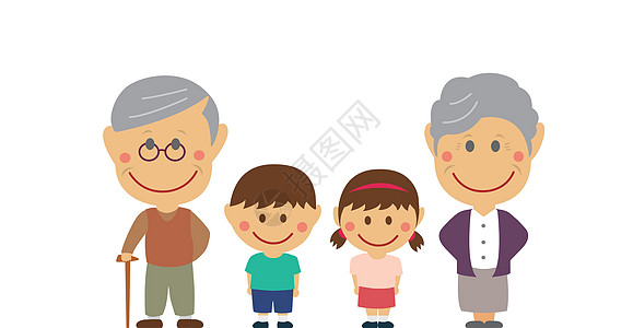 变形的卡通家庭祖孙辈平面矢量图站成一排亚洲家庭图片