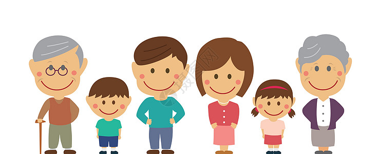 家庭亚洲人变形的卡通大家庭平面矢量图站成一排的亚洲家庭插画
