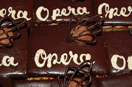 巧克力小蛋糕 作为甜点的一部分小吃歌剧味道浇头手指食物图片