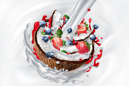 奶水 椰子和蓝莓以及酸奶或奶昔中的草莓图片