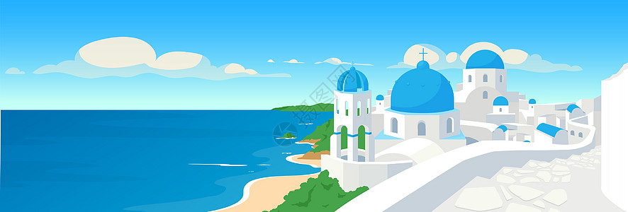 希腊沿海城镇平面彩色矢量插图图片