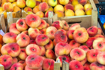 不同种类的桃子出售营养油桃食物饮食贸易橙子红色收成农民市场图片