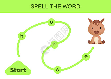 孩子们的迷宫 拼写单词游戏模板 学习阅读 word h插图工作夹子床单头脑幼儿园学校动物绘画测试图片