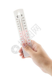 男子手握温度计 全球升温和高温背景图片