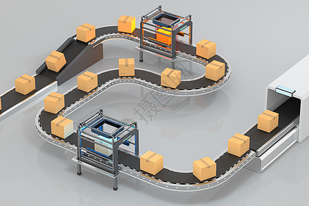 传送带上包装箱的传输 3D翻接棕色纸盒机械扫描器腰带送货纸板扫描仓库技术图片