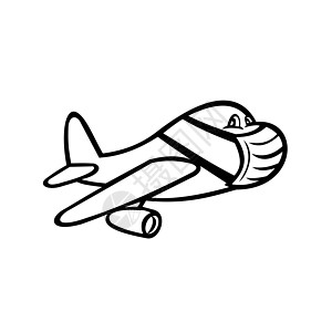 黑色和白色空中飞机穿戴面具飞行卡通背景图片