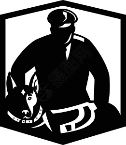 警犬警卫和警犬徽章复古黑白图片