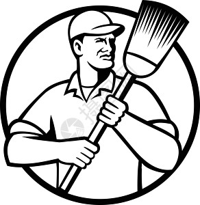 街头清扫者Janitor或清洁持家黑白品牌圆圈男人吉祥物工业男性标识清洁工劳动者工人图片
