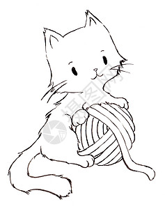 毛茸茸的小猫抱着毛线球 线条艺术卡通人物黑色墨水手画装饰宠物艺术品广告 着色书 幼儿教科书图片