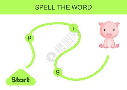 孩子们的迷宫 拼写单词游戏模板 学习阅读单词 p活动字母绘画英语考试语言测试教育幼儿园动物图片