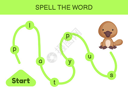 孩子们的迷宫 拼写单词游戏模板 学习阅读单词 p夹子插图头脑工作床单卡通片语言动物绘画工作簿图片