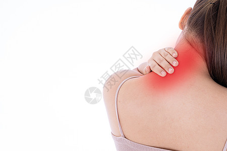 妇女感到精疲力尽 肩部和颈部在孤立的白种背景 红点上遭受疼痛和伤害 保健和医疗概念也受到影响治疗男人压力卫生背痛脖子成人药品女性图片