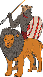非洲勇士长矛狩猎与狮子 Drawin猫科成员墨水男性手绘艺术品插图男人草图手工图片