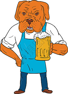 波尔多杜狗布列韦穆格马斯科特卡通围裙酒精酒庄啤酒杯动物工人吉祥物泡沫饮料卡通片图片