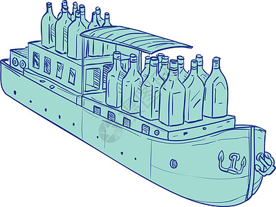 轮船抽签上的银瓶草图平底船饮料手绘驳船酒精瓶子绘画图片