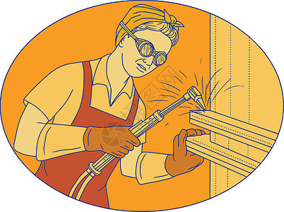 女焊工乙炔焊接老式单声道林椭圆形手套艺术品绘画工业线宽插图重量火炬工人图片