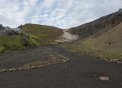 拉乌加韦古尔有蓝色背包和旅游路标的Hiker 位于多色火山和地热烟雾高山花彩虹山中 冰岛高地Fjellabak自然保护区图片