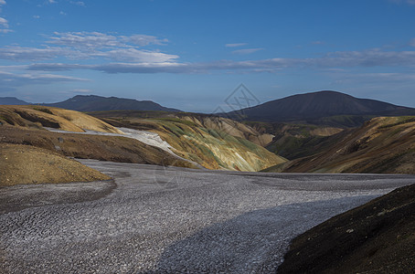 冰岛高地地区Fjellabak自然保护区地区的多彩Rhyolit山全景 有雪花和多色火山橙子远足爬坡喷气场地地质学荒野编队冒险地图片